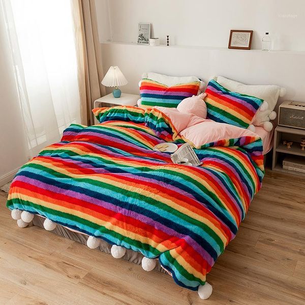 

bedding sets rainbow iridescent seven color winter warm flannel velvet fleece princess girl set duvet cover bed sheet pillowcases1