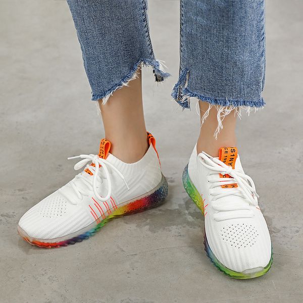 

casual shoes for women autumn platform sneakers lace-up white flats lightweight non-slip walking shoes rainbow sole 109 201128, Black