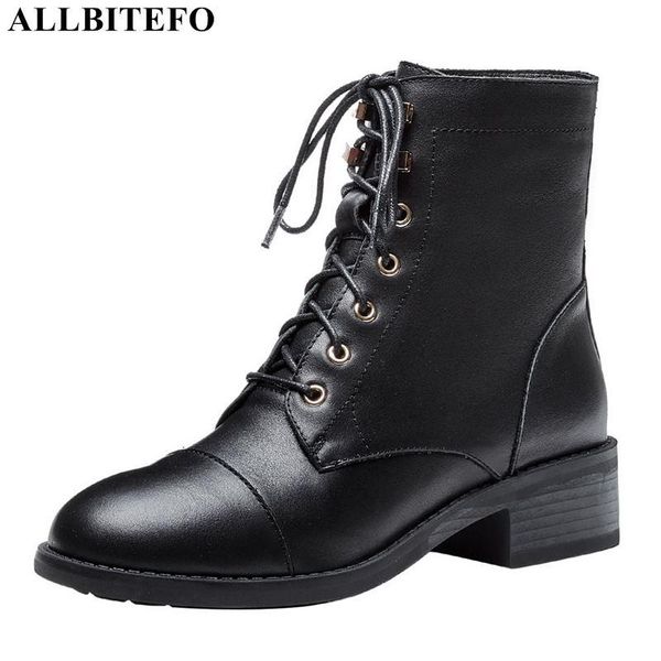 

allbitefo genuine leather brand high heels ankle boots for women thick heels women high heel shoes autumn boots winter, Black