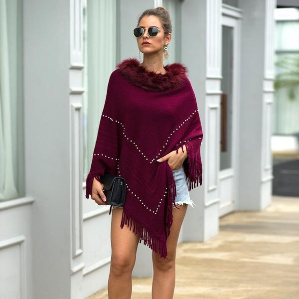 

hee grand new sweaters 2019 faux fur collar pullovers autumn knitted outwears elegant beading cloaks purple tassel wraps wzl15111, Black