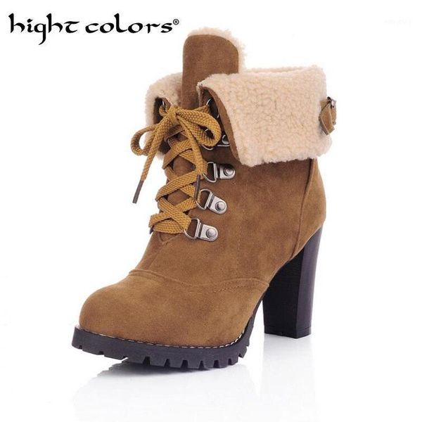 

plus size ankle boots women platform high heels lace up buckle strap shoes thick heel short boot ladies footwear yellow purple1, Black