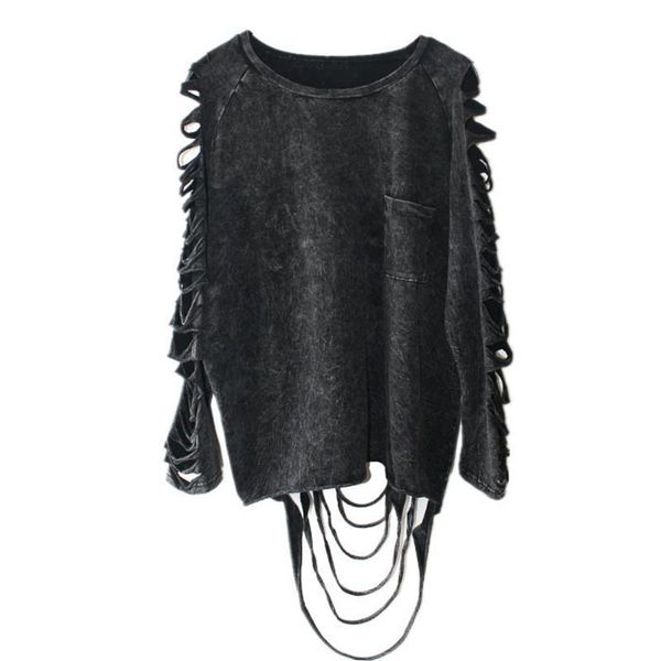 

xitao] 2016 europe punk personality style women washing-black color hollow out and tassel women t-shirts yj001, White