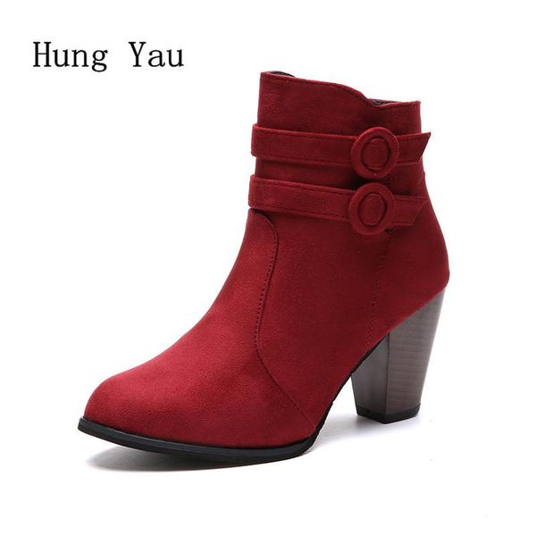 

women ankle boots high heels thick pointed toe platform winter female zip casual shoes woman fashion plus size 34-41, Black