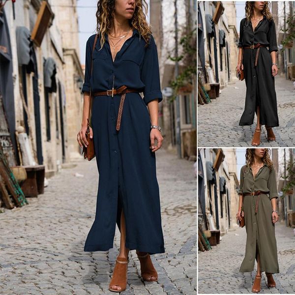 

ladies casual long dress 2020 new office work elegant dress lapel button bohemian elegant party club ladies1, Black;gray
