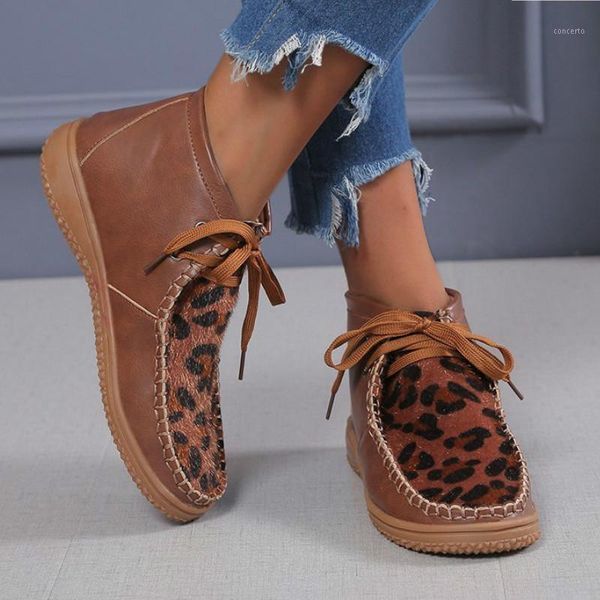 

new 2020 round head leopard print leather boots 2020 winter ankle boots for women with flat bottoms lace-up size 43 women shoes1, Black
