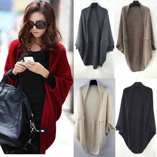 

womens fall winter shawl bat sleeve loose knit sweater warm fashion casual comfortable cardigan outwear, White;black