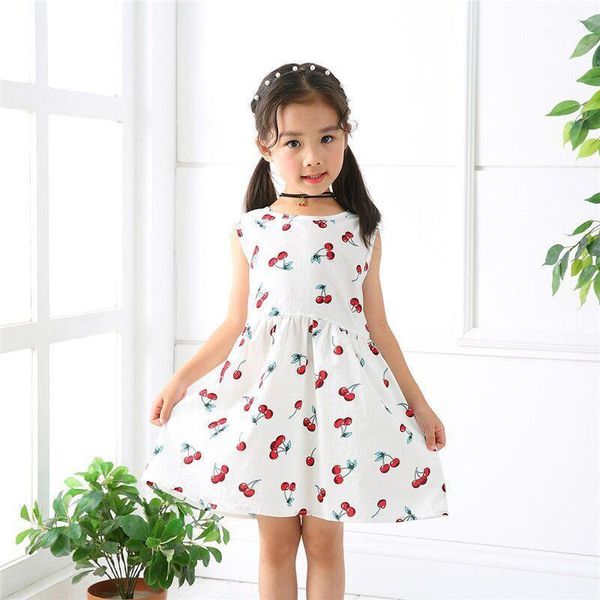 

summer casual clothes for girls cherry print floral printing sleeveless girl dress children clothing for 2-6 years kid girl1, Red;yellow