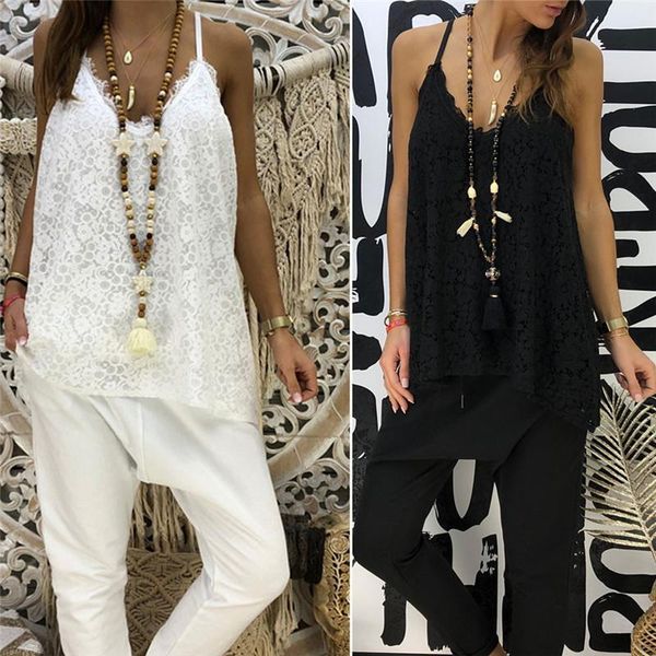 

women white lace print sling vest summer loose v-neck cami tank camisole shirt spaghetti strap shirt tee