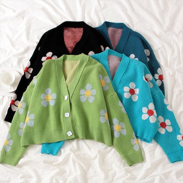 

knitted cardigans sweater women vintage loose sweater print short v neck flower women mujer elegant thicked coat, White;black