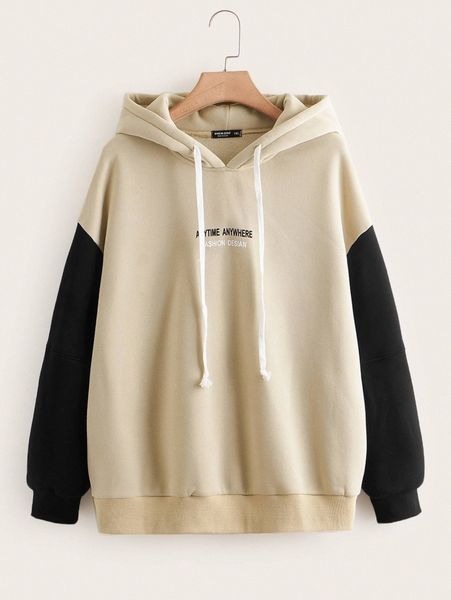 

plus letter graphic contrast sleeve drawstring hoodie u212#, Black