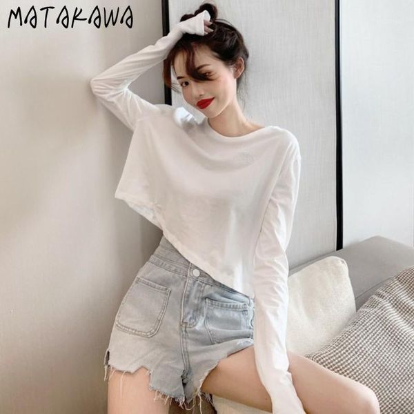 

matakawa hollow out lumbar short solid color bottoming tshirt 2020 autumn loose casual long-sleeved women t-shirt, White