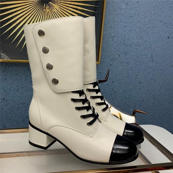 

boots genuine leather women lace up shoes woman booties blcok heels pumps motorcycle brand ladies botas mujer, Black