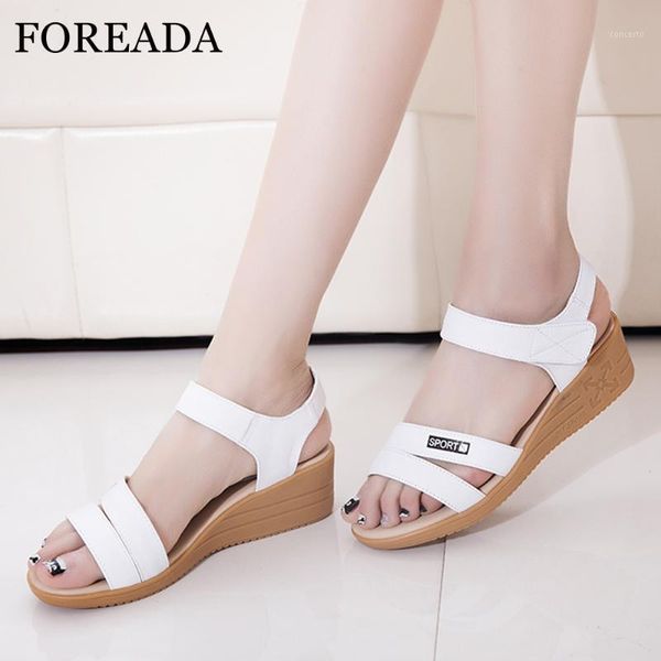 

foreada women sandals summer shoes natural genuine leather wedge heel shoes cow leather open toe sandals female white size 34-401, Black