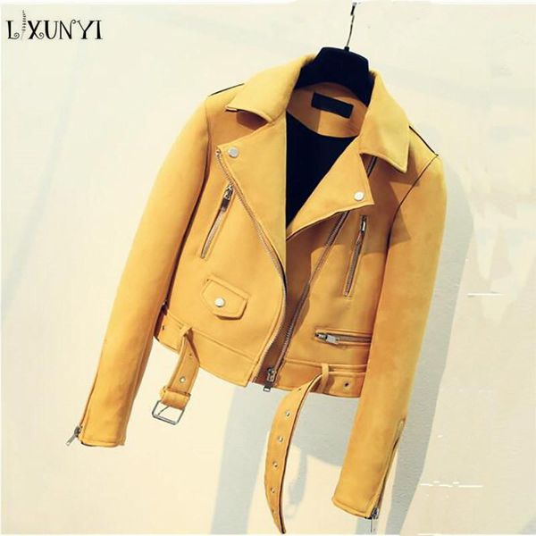 

lxunyi suede jacket women spring 2019 korean fashionable short slim ladies bomber jackets long sleeve casual coat with belt1, Black