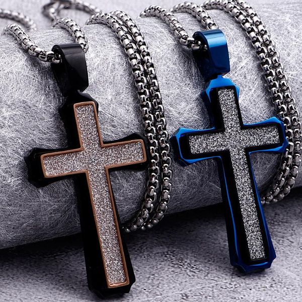 

black blue stainless steel mens cross pendant necklace 26" inches long gold chain for men mens religious jewellery accessories, Silver