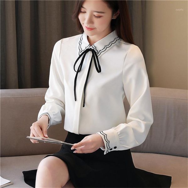 

korea female blouses shirts spring loose white sheer office blouse shirts bow tie chiffon bottoming women blusas shirt1