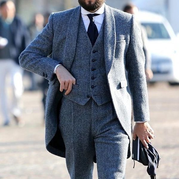 

2021 new classy grey wedding tuxedos herringbone tweed wool men suits for formal business groom 3 piece man set tailcoat (jacket+vest+pants), Black;gray