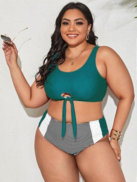 

plus striped knot hem high waisted bikini swimsuit m6sa#, Black