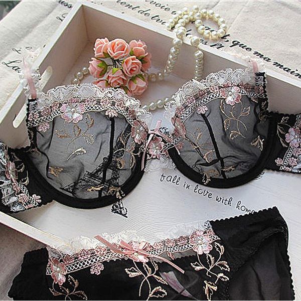 

abcd cup lace bra and brief set black embroidery bodysuit ultra-thin women lingerie transparent underwear bra set rompers c1211, Black;white