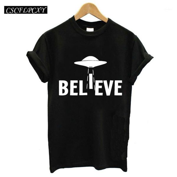 

women summer believe letters alien print black t shirt slim funny short sleeved tee t shirts1, White