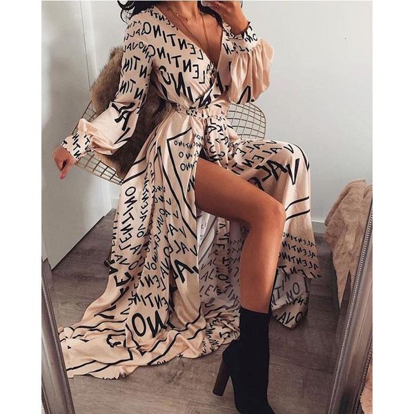 

womens women deep v-neck lantern long sleeve letter printing empire maxi long dress evening party thigh slit dresses, Black;gray