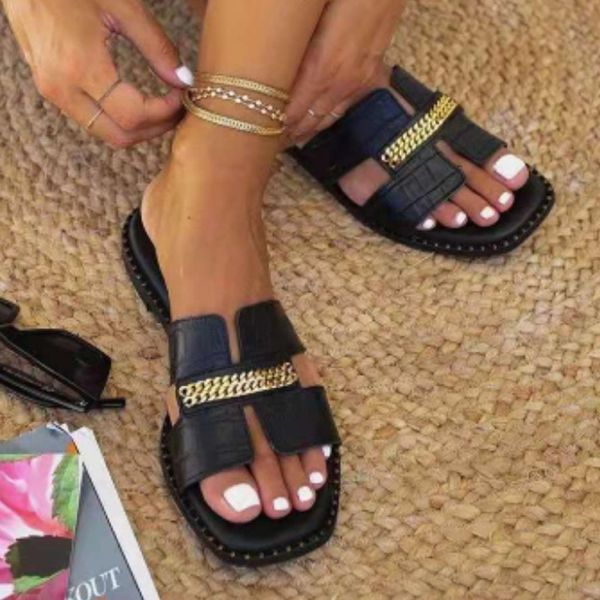 

big size women flat flip flops double chain sandal slippers shoes women lady flats slippers sandals shoes woman 2022 new, Black