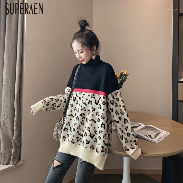 

superaen korean style pullovers sweaters women leopard wild casual fashion ladies turtleneck sweater 2020 autumn and winter 1, White;black