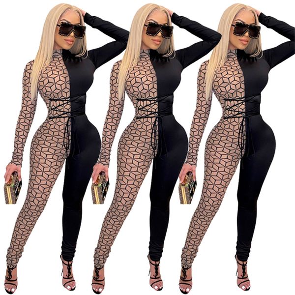 

women's one-piece pants personalized fashion printed mesh jumpsuits stitching long sleeve lace up designer ladies' clothes, Black;white