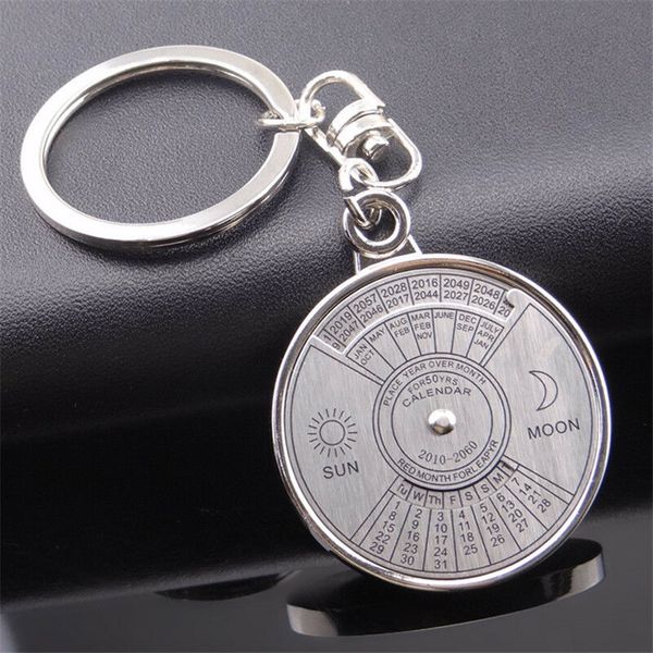 

retro 50 years perpetual calendar keychain sun moon compass keyring valentine's day couple gift time and tide wait for no man, Silver