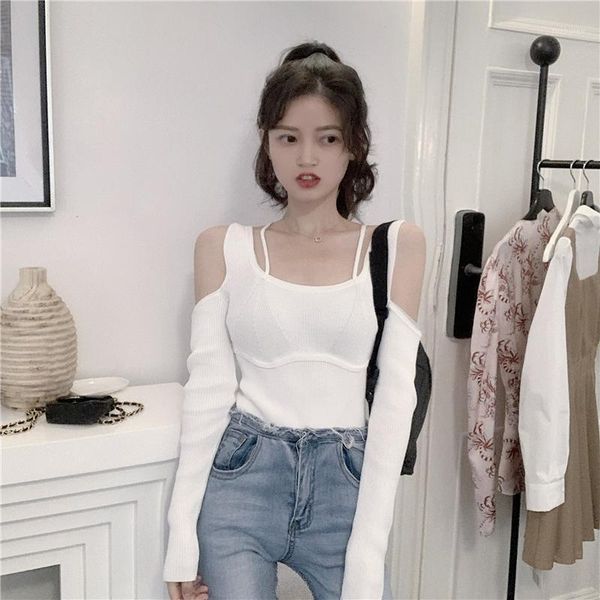 

2020 autumn new slim slimming exquisite sling pit strip knit, White