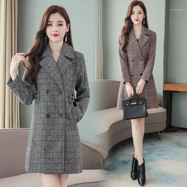 

thicken plaid coat women korean autumn winter 2019 loose long sleeve double breasted overcoat outwear femme wool coats 200191, Black