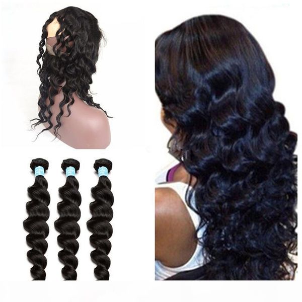 

360 lace frontal closure with loose wave bundles malaysian virgin human hair weaves loose deep wave with 360 lace frontal natural hairline, Black;brown