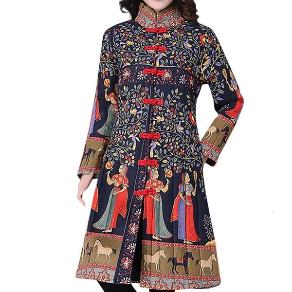 

big size women winter cotton linen ethnic print buttons long coat lady's national style jacket stand collar female vintage coat, Black;brown