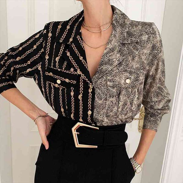 

[ewq] spring women fashion vintage blouse single breasted turn-down collar asymmetrical print pattern loose shirt 8y256, White