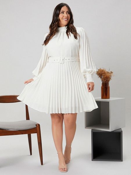 

plus mock neck lantern sleeve pleated hem buckled belted dress 36g7#, Black