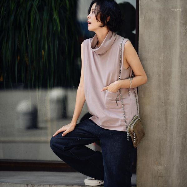 

micoco t2037c fall versatile cotton sleeveless turtleneck blouse with small letter printed inside t-shirt1, White