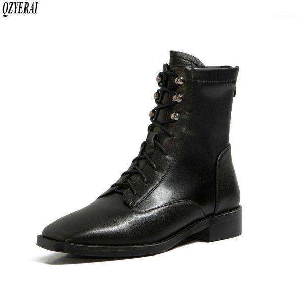 

boots qzyerai winter genuine leather women fashion female warm square head shoes size 34-421, Black