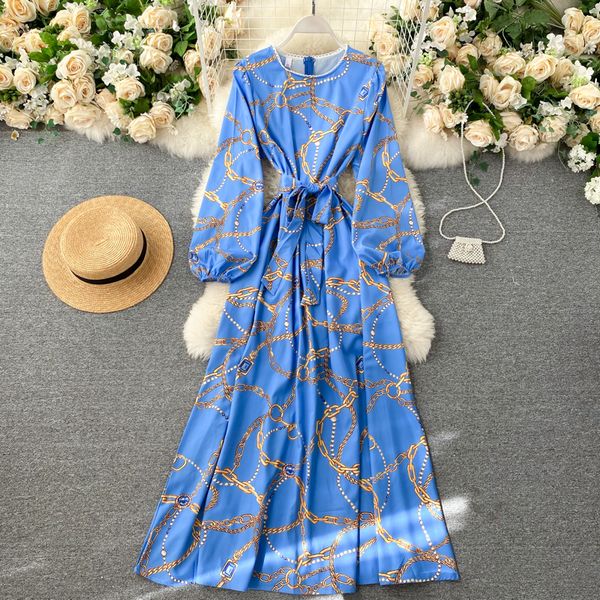 

2021 new current design maxi impression women's puff neck line dressed autumn fashion streetwear dress long uzde, Black;gray