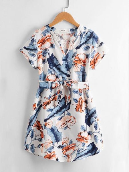 

girls tropical print notch neck belted dress she, Red;yellow