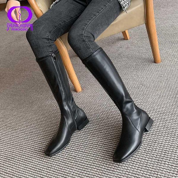 

boots aimeigao 2021 winter genuine leather long women office lady square toe med heels shoes female platform knee-high 1, Black