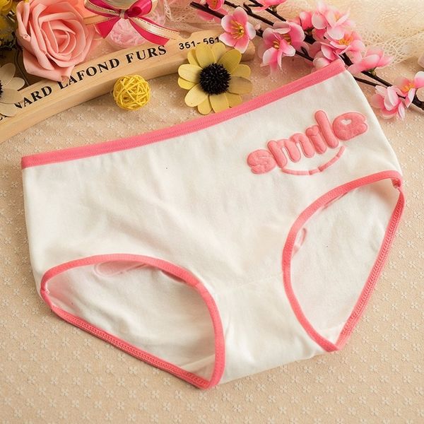 

ladies cute smile cartoon girl mid-waist women's briefs cotton breathable comfortable panties, Black;pink