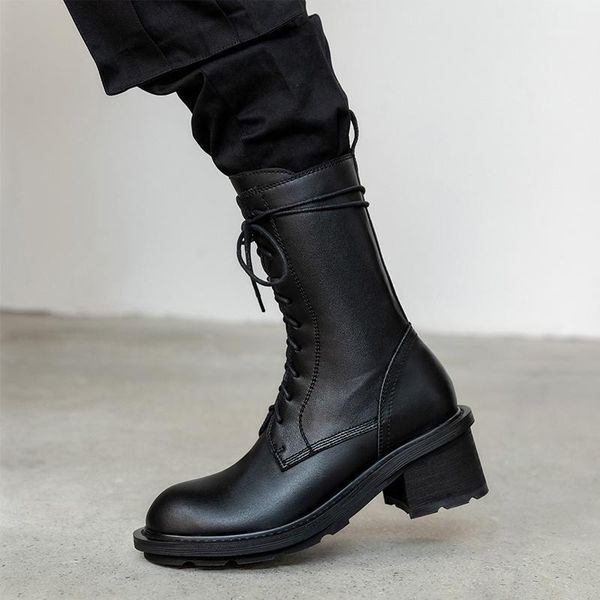 

boots punk female motorcycle short cow leather women lace up ankle party basic shoes woman est chunky heels1, Black