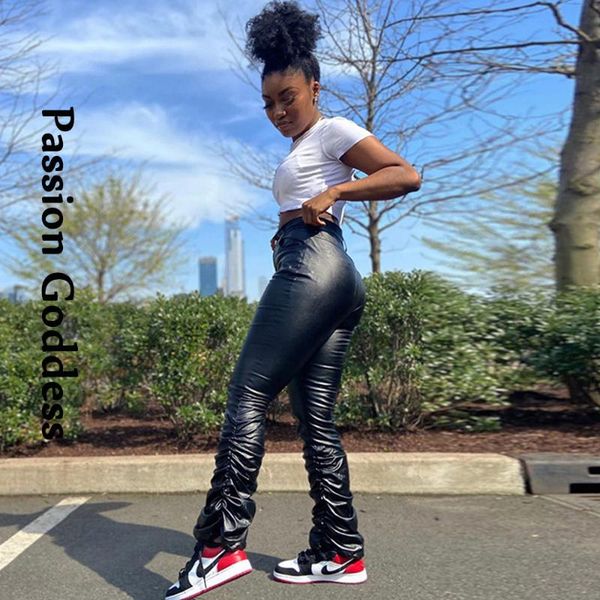 

women's pants & capris casual women high waist black pu stacked zipper pencil full length feminina leather elastic pleated pantalon, Black;white