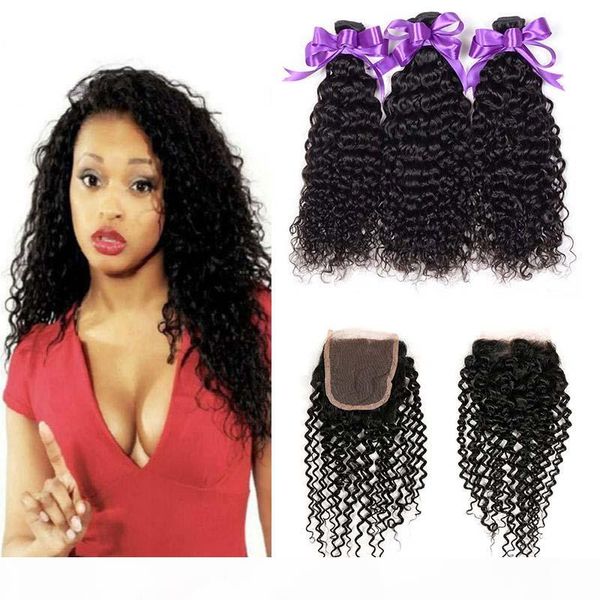 

brazilian kinky curly human hair 3 bundles with 4x4 lace closure brazilian curly virgin human hair weave extensions with closure, Black;brown