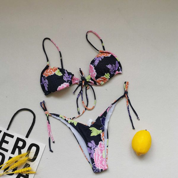 

summer bandeau bandage women's swimwear ladies flowers printing beachwear set split swimsuit bikini solid bathing suit, White;black