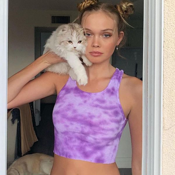 

summer tie dye print tank 2020 purple women sleeveless fashion slim casual crop basic female streetwear crop top, White