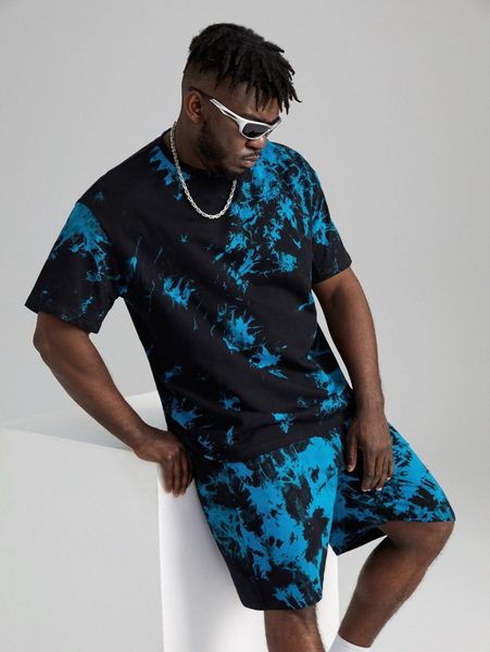 

extended sizes men tie dye tee and track shorts set l52j#, Gray