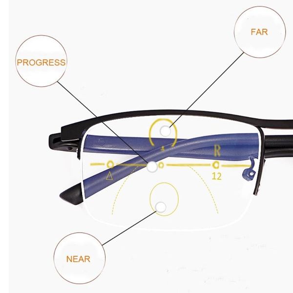 

nonor half frame metal multifocal reading glasses men women progressive bifocal presbyopic glasses titanium for reading, White;black
