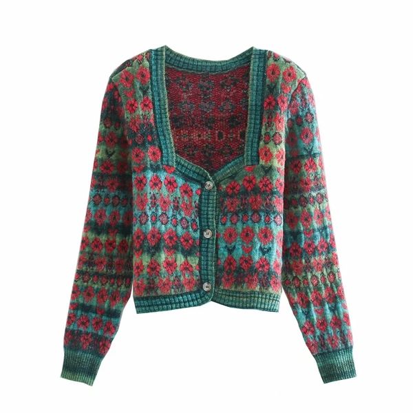 

2021 new vingate green jacquard cropped knitted cardigan sweater women autumn fashion square neck long sleeve ladies cardigans kkpx, White;black