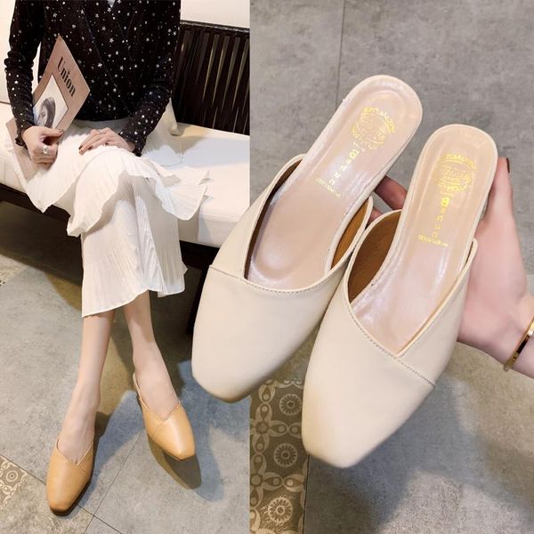 

square toe shoes woman 2021 low shallow slippers casual loafers pantofle cover block luxury new pu bonded leather hoof heels, Black